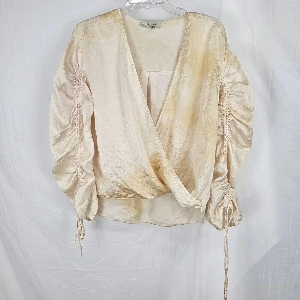 ALLSAINTS Silk Blend US Women's Size 4 Cream Textured Preslie Drawstring Sleeve